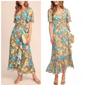 J McLaughlin Audette Wrap Dress Size L Blue & Tan Floral Ruffle Maxi‎ Boho Flowy